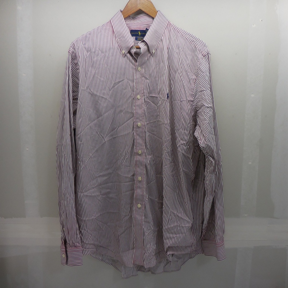 Ralph Lauren Classic Fit Performance Striped Button Down Shirt Burgundy Mens L